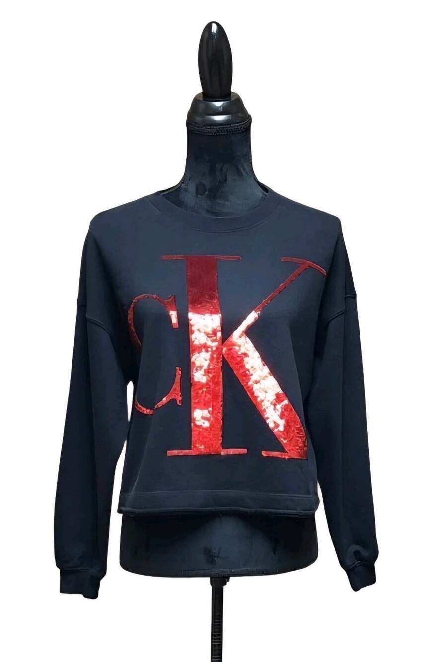 Calvin Klein Red Shimmer CK Logo Women's Pullover Cropped Sweater Size Small S
